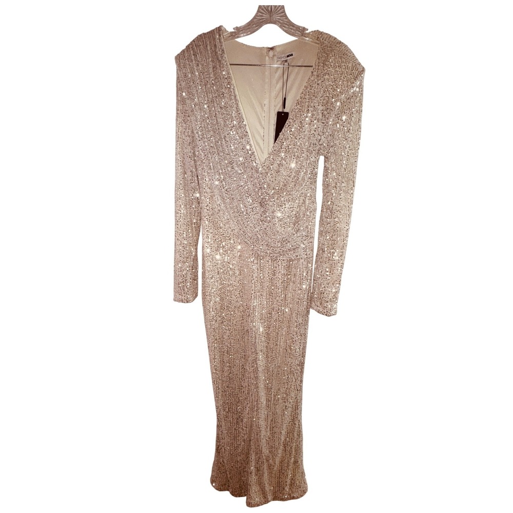 Fashion Nova Samantha Silver Sequin Long‎ Sleeve Wide Leg Jumpsuit 1X